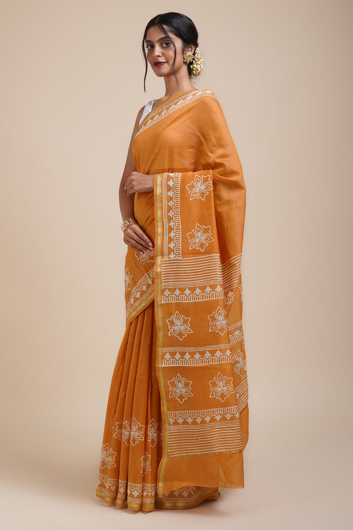 Teejh Sunkissed Mustard Block Print Chanderi Silk Saree