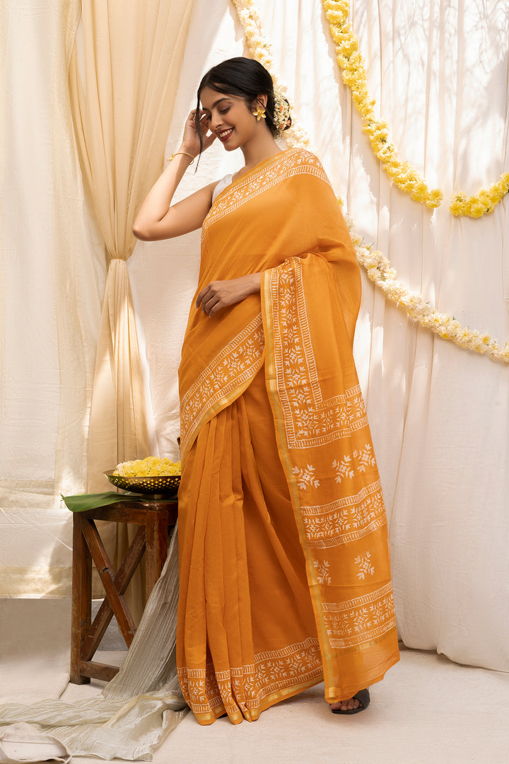 Teejh Sunehri Sham Mustard Block Print Chanderi Silk Saree