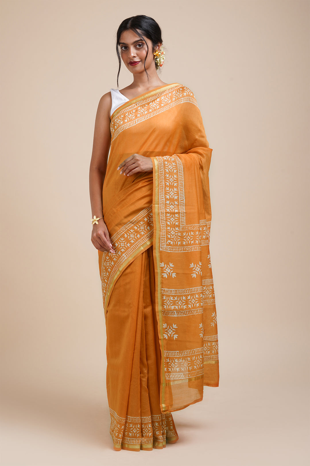 Teejh Sunehri Sham Mustard Block Print Chanderi Silk Saree