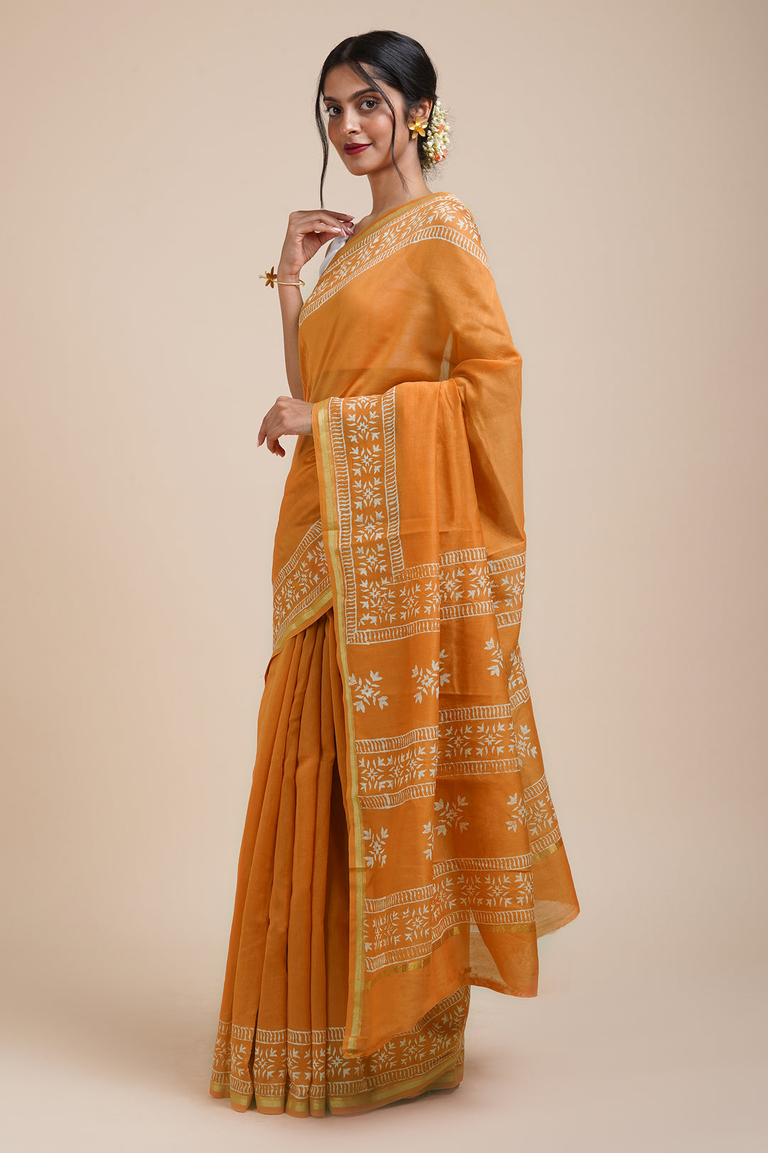 Teejh Sunehri Sham Mustard Block Print Chanderi Silk Saree