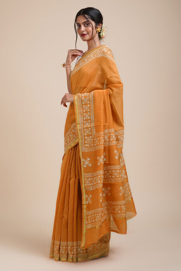 Teejh Sunehri Sham Mustard Block Print Chanderi Silk Saree