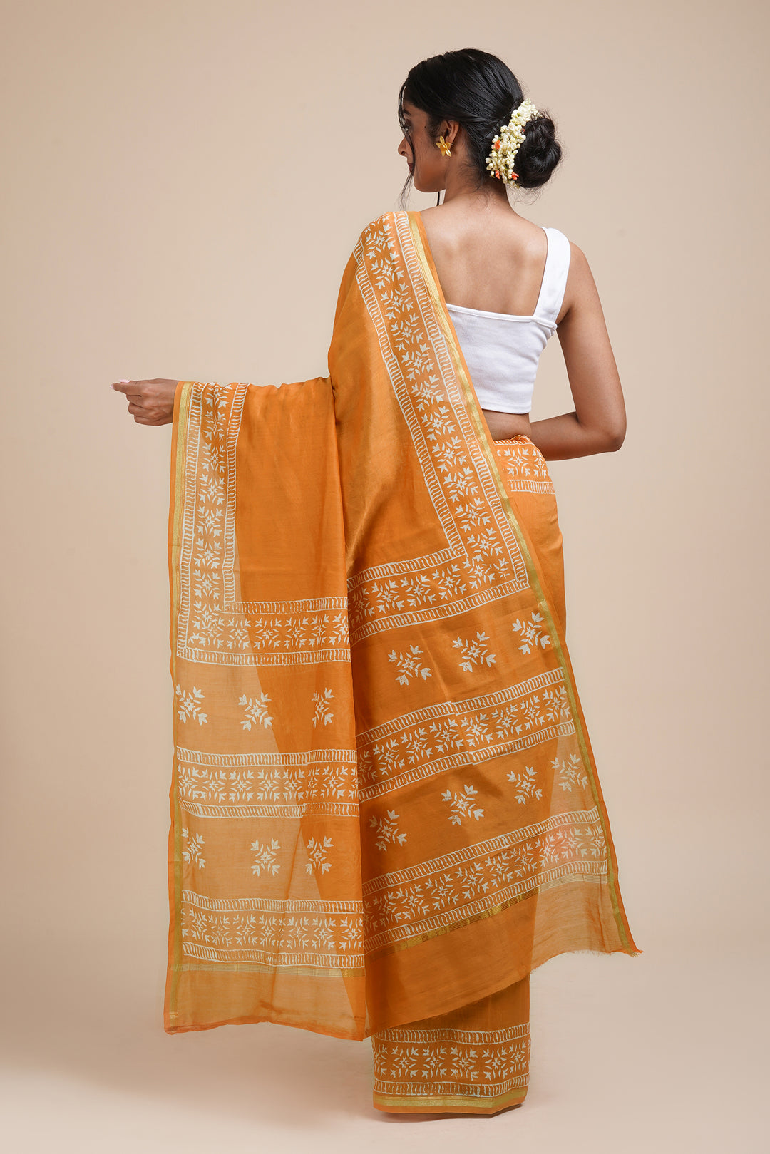 Teejh Sunehri Sham Mustard Block Print Chanderi Silk Saree
