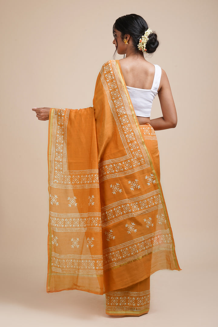 Teejh Sunehri Sham Mustard Block Print Chanderi Silk Saree