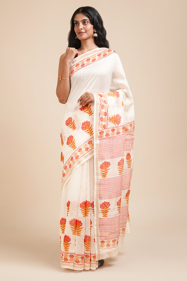 Teejh Baag-E-Gulaab Red and Caramel Block Print Chanderi Silk Saree