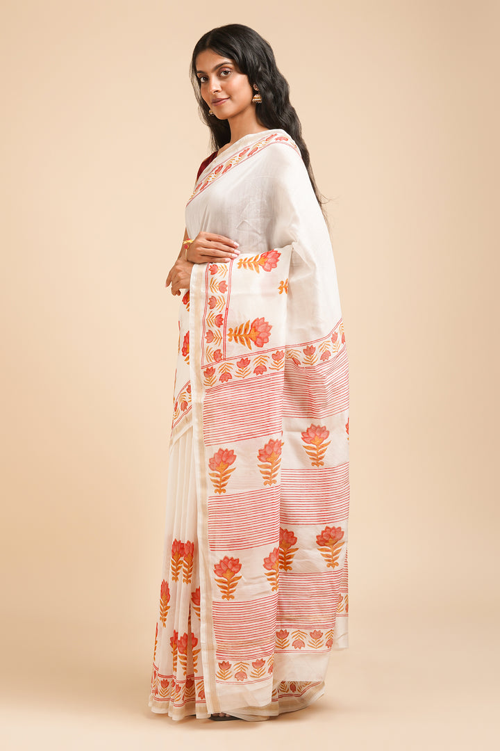 Teejh Baag-E-Gulaab Red and Caramel Block Print Chanderi Silk Saree
