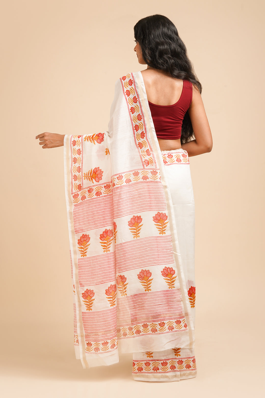 Teejh Baag-E-Gulaab Red and Caramel Block Print Chanderi Silk Saree