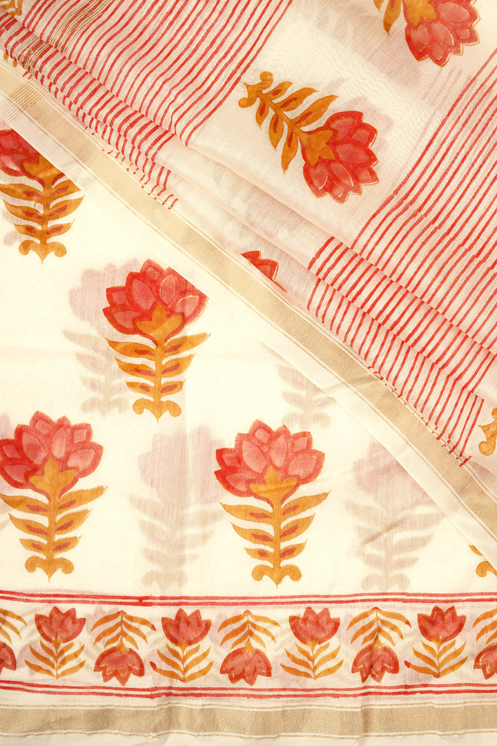 Teejh Baag-E-Gulaab Red and Caramel Block Print Chanderi Silk Saree