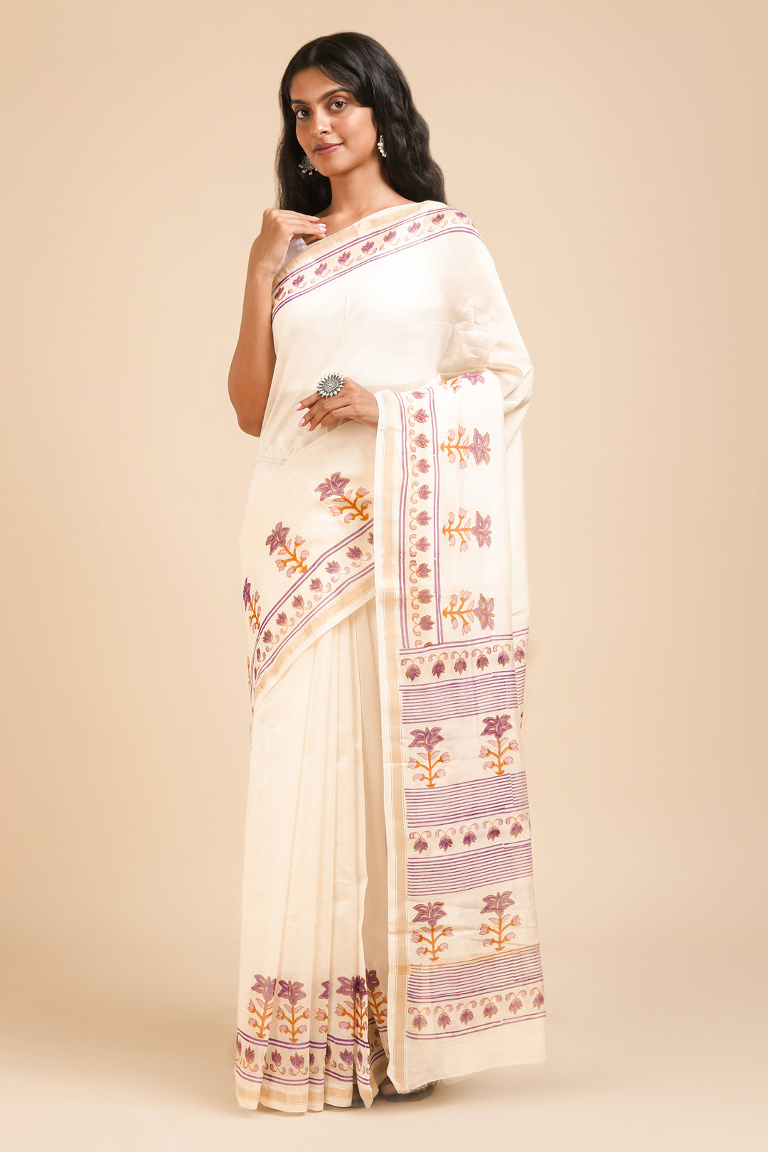 Teejh Vanyaa Purple and Off White Block Print Chanderi Silk Saree