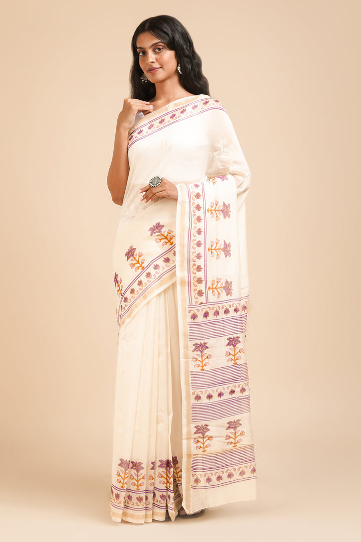 Teejh Vanyaa Purple and Off White Block Print Chanderi Silk Saree