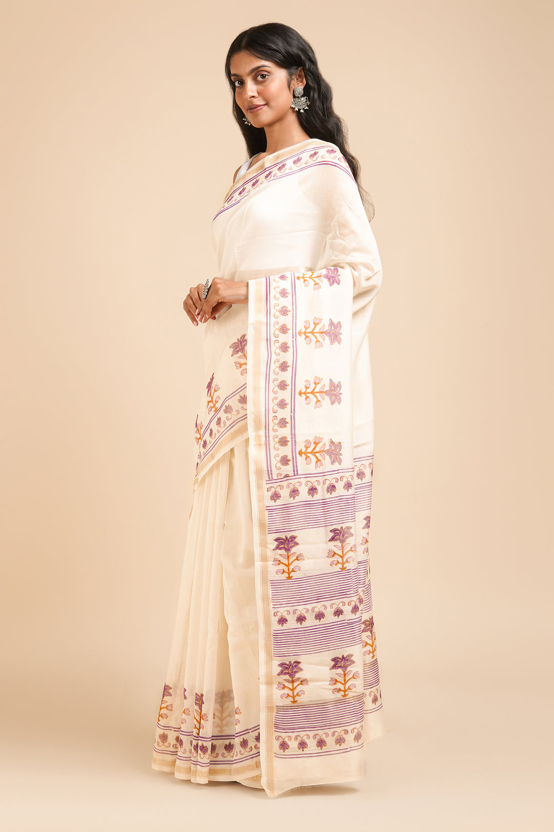 Teejh Vanyaa Purple and Off White Block Print Chanderi Silk Saree