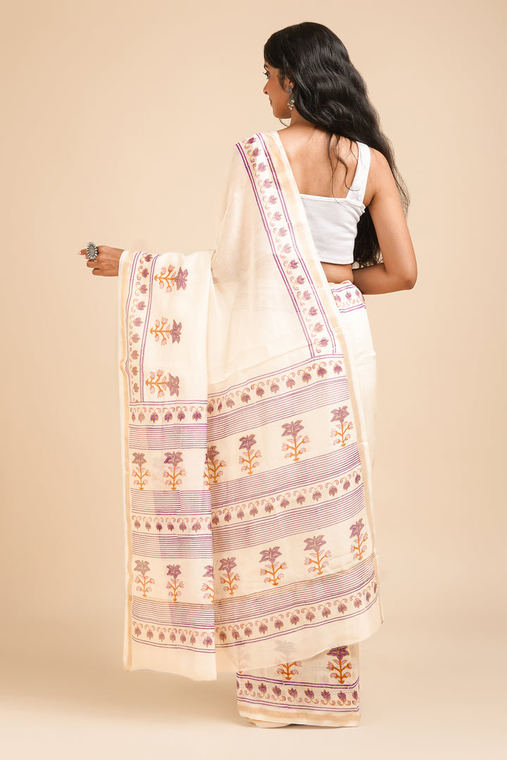 Teejh Vanyaa Purple and Off White Block Print Chanderi Silk Saree