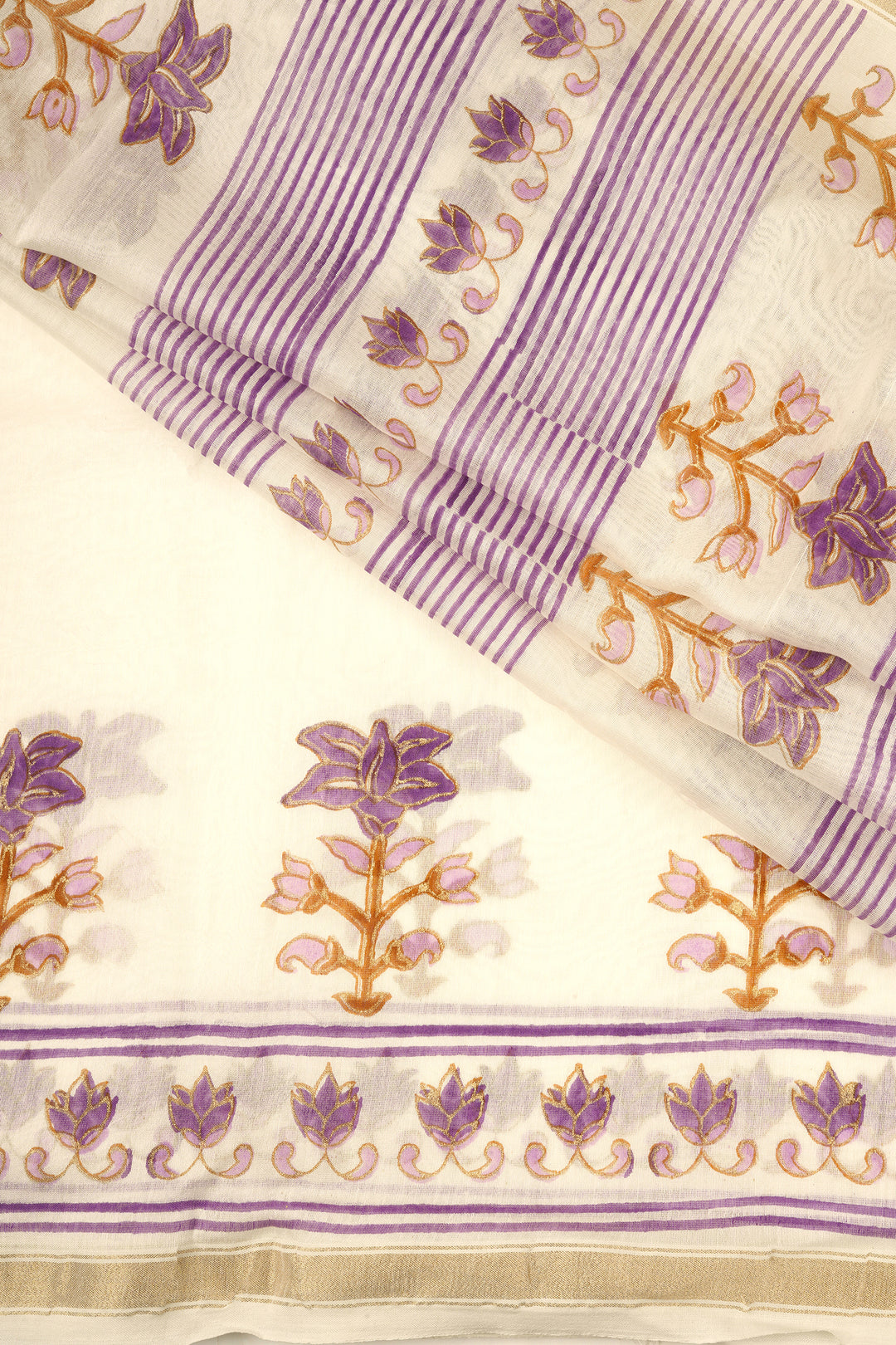 Teejh Vanyaa Purple and Off White Block Print Chanderi Silk Saree