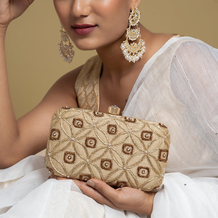 Gold in Snow Embroidered Fabric Clutch