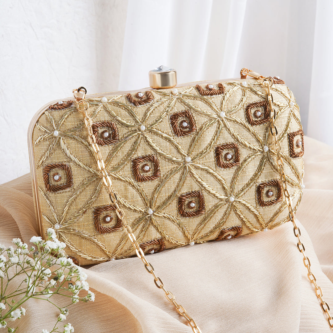 Gold in Snow Embroidered Fabric Clutch