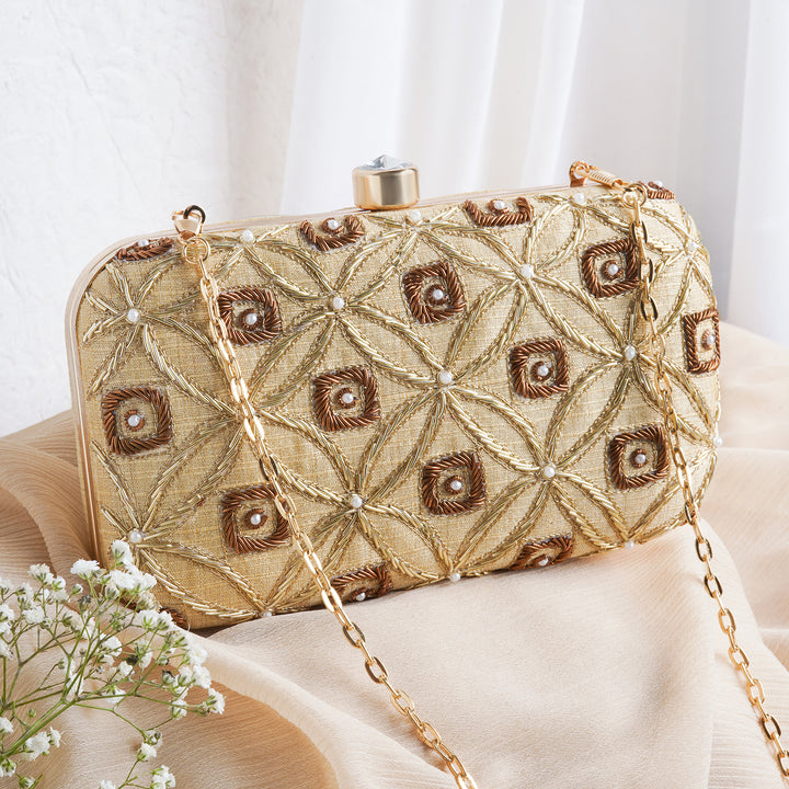 Gold in Snow Embroidered Fabric Clutch