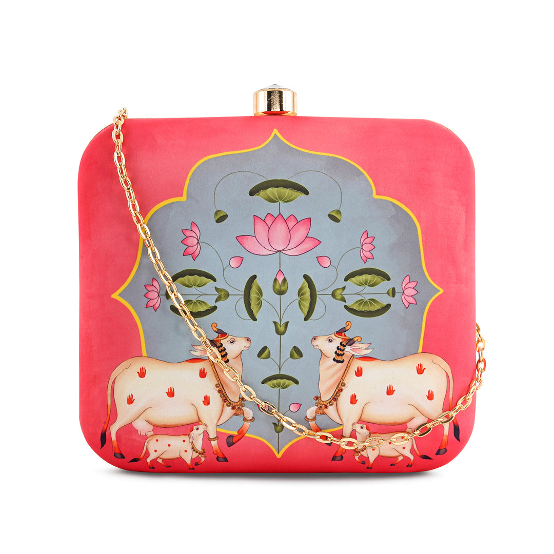 Pichwai Pop-Up Pink Stone and Printed Clutch