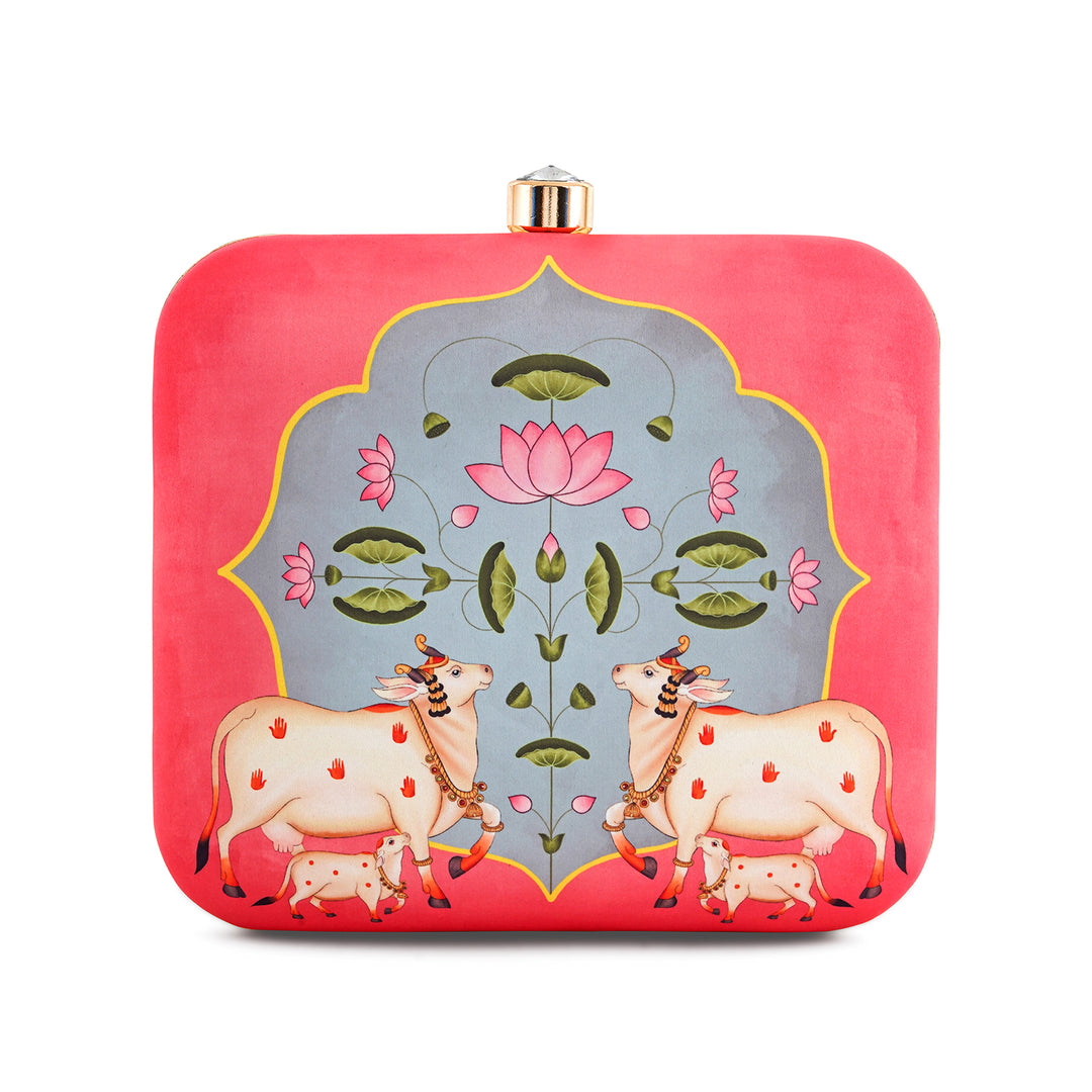 Pichwai Pop-Up Pink Stone and Printed Clutch