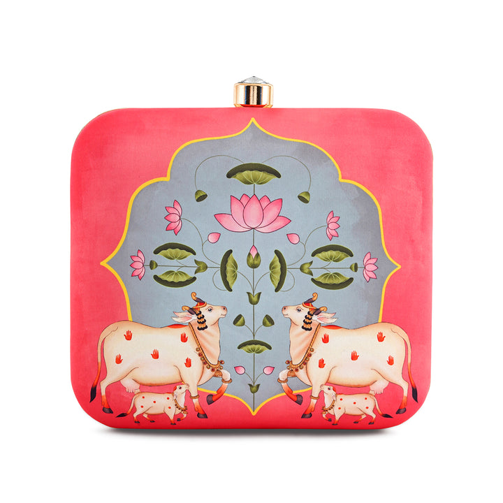 Pichwai Pop-Up Pink Stone and Printed Clutch