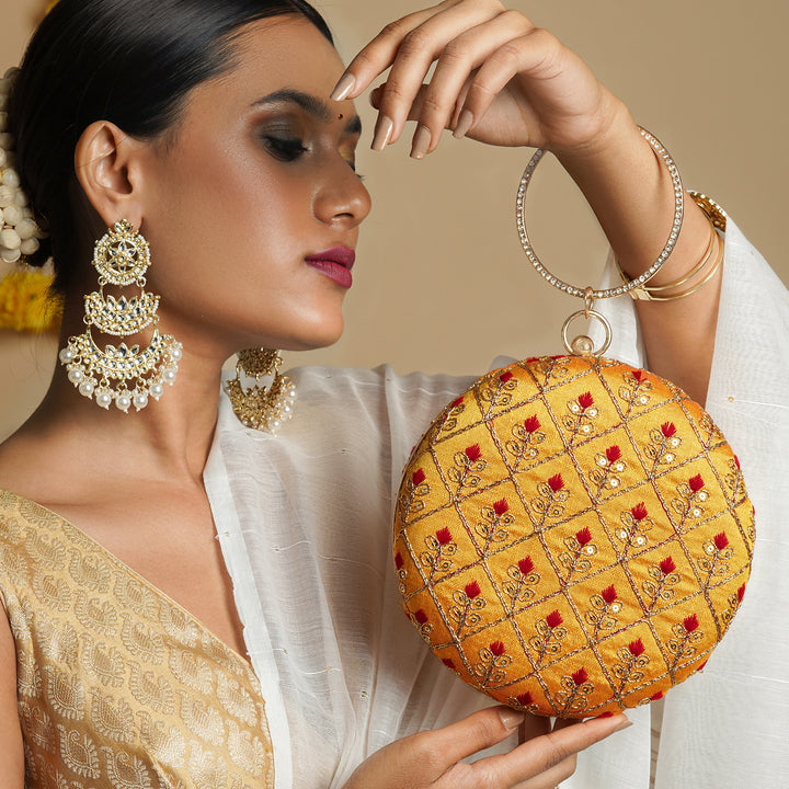 Ek2aani Yellow Embroidered Fabric Clutch