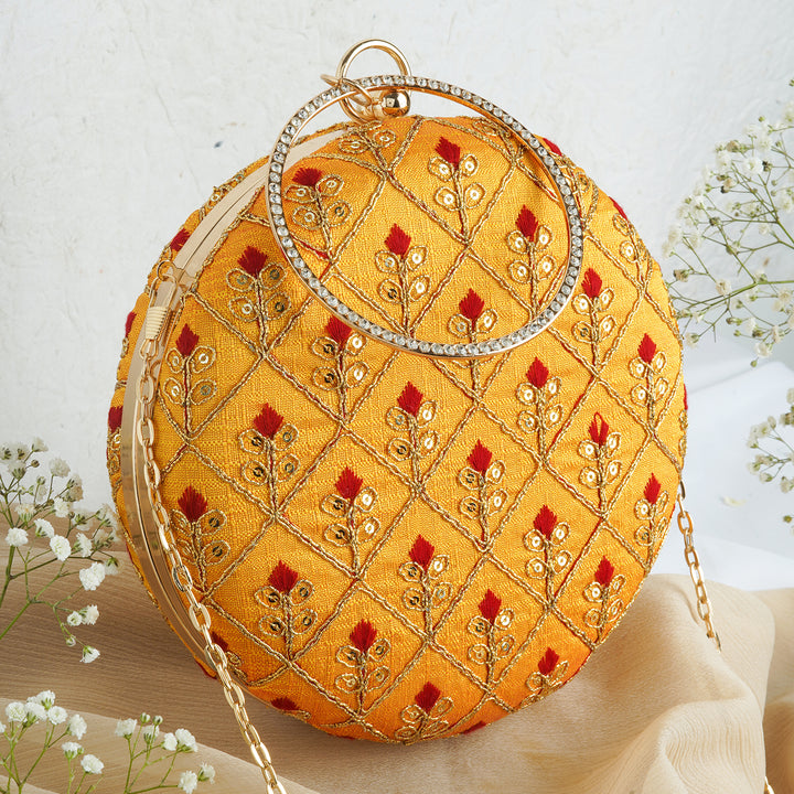 Ek2aani Yellow Embroidered Fabric Clutch