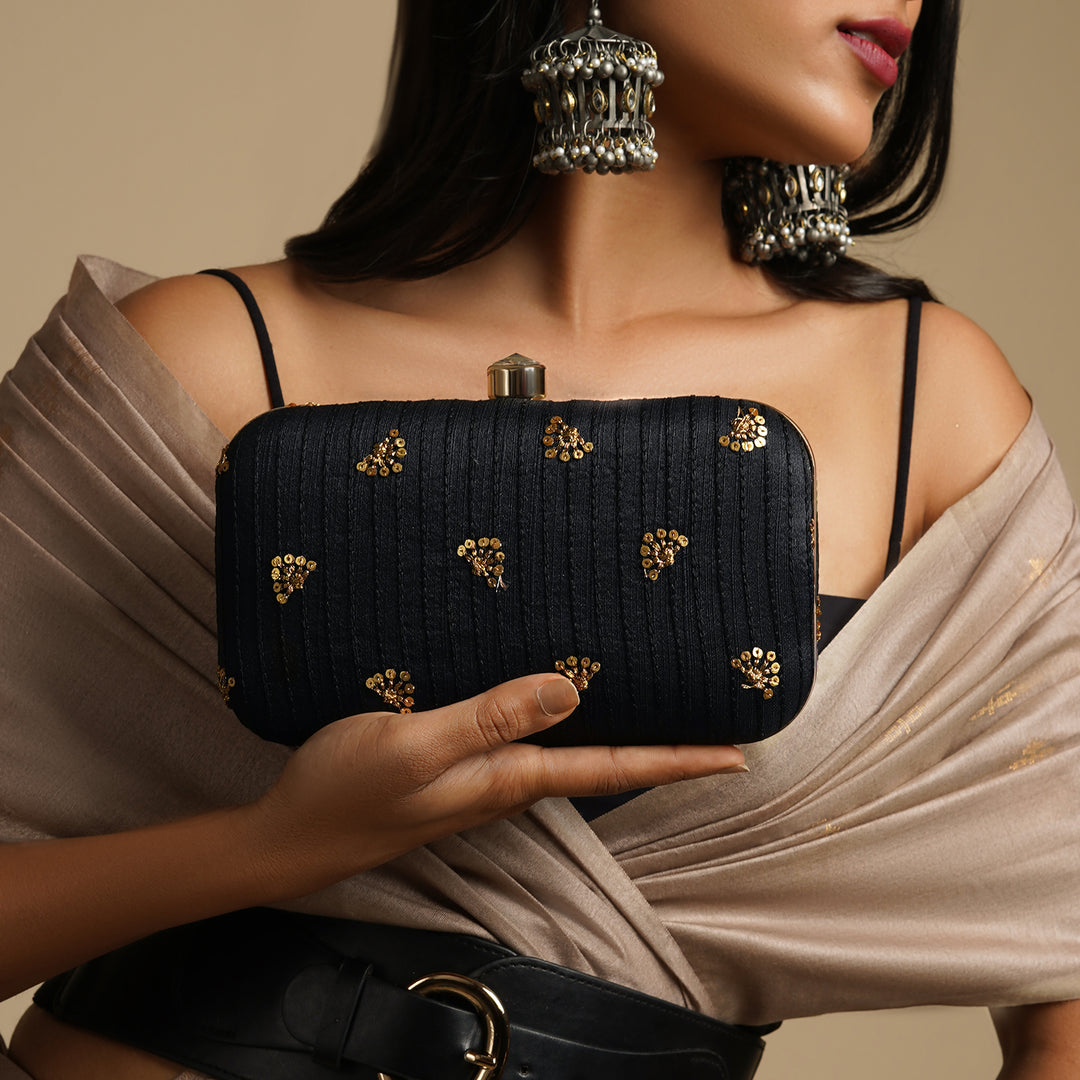 Fire Flies Black Sequin Embroidered Fabric Clutch