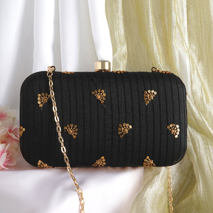 Fire Flies Black Sequin Embroidered Fabric Clutch