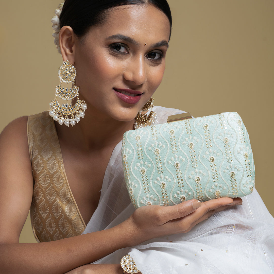 Powder Plush Blue Chikankari Embroidered Clutch