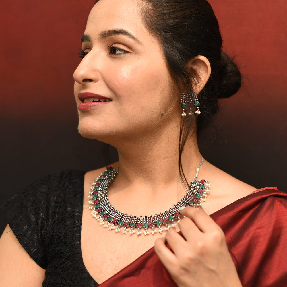 Symmetric Multi colored Silver Necklace Set - Teejh