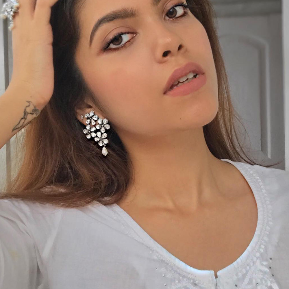 Vamika Floral Polki Silver Oxidized Earrings - Teejh
