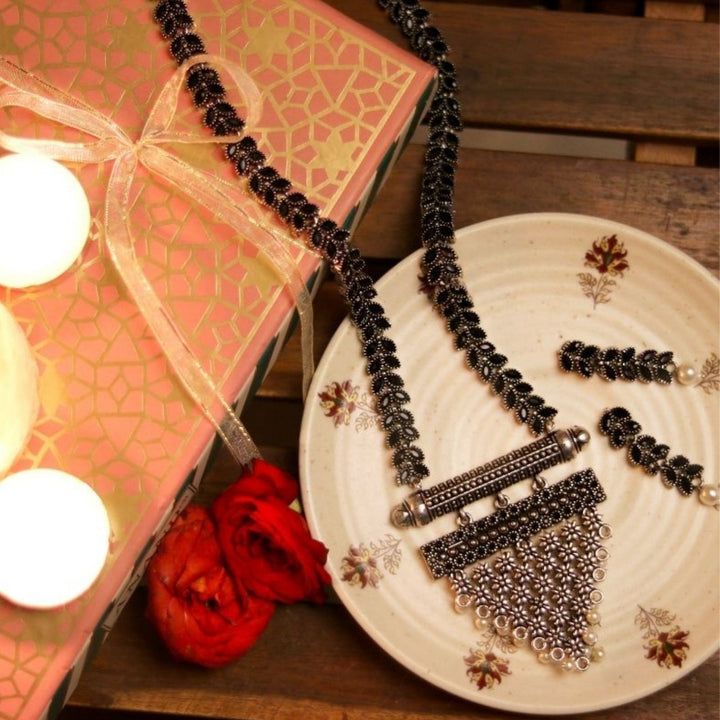 Teejh Niti Black Stone Silver Oxidized Long Necklace Set