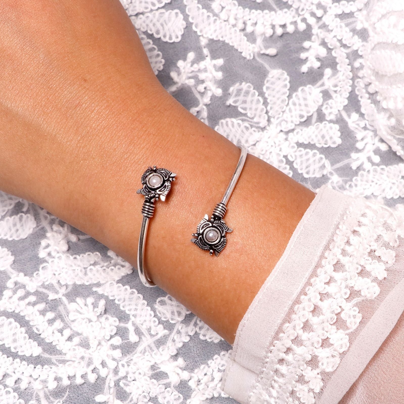 Chaya Floral Embossed Silver Oxidized Bracelet Cuff – Teejh